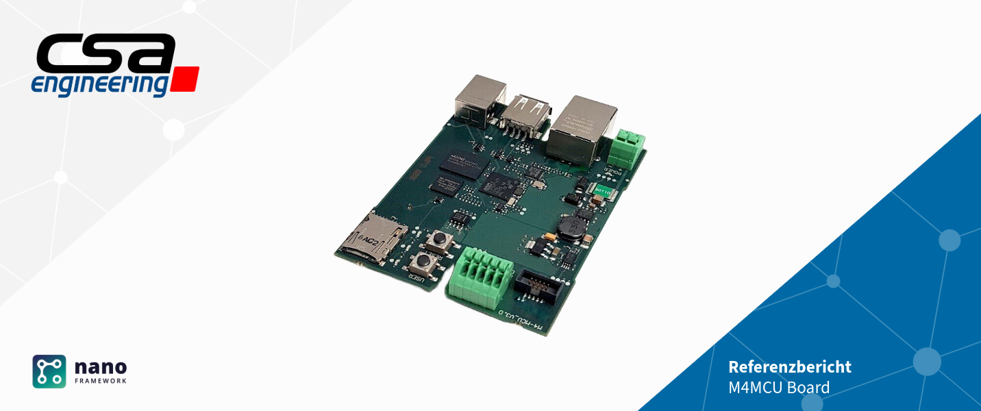 Title image for the reference report featuring an M4MCU board developed by CSA Engineering AG